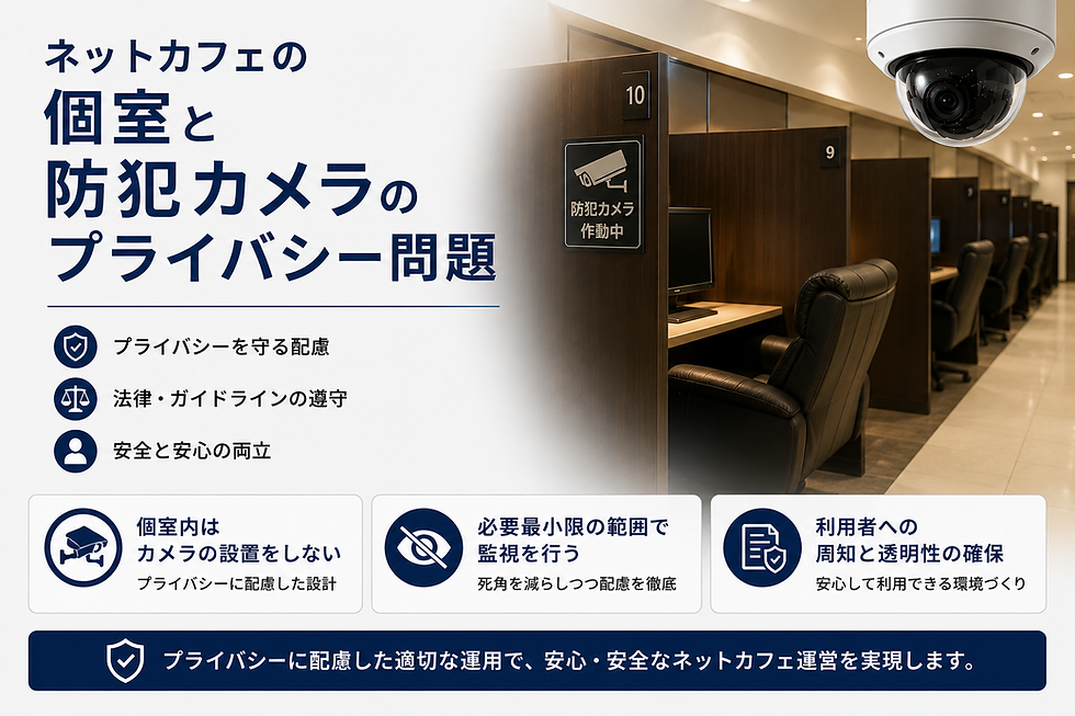 ネットカフェ個室と防犯カメラのプライバシー問題を説明する図。個室ブースと天井カメラ、左に注意書き。