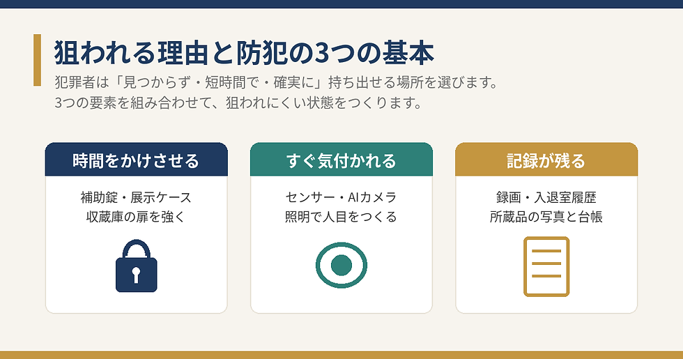 防犯の3つの基本を説明する図。上部に見出し、下に「時間をかけさせる」「すぐ気付かれる」「記録が残る」の3枠と鍵・目・書類のアイコンが並ぶ。