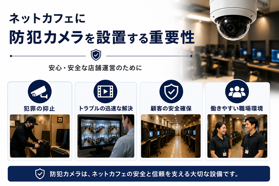 ネットカフェに防犯カメラを設置する重要性を訴える告知。監視カメラとPC室、4つの利点、安心・安全の文字がある。