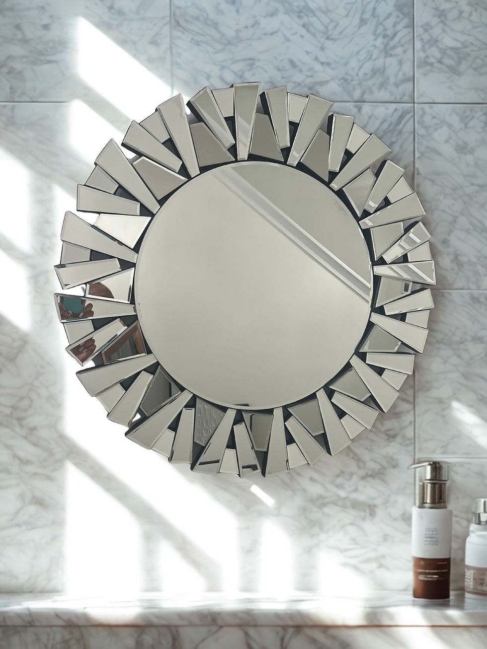 Eye-level view of a vintage designer handbag on a wooden shelf