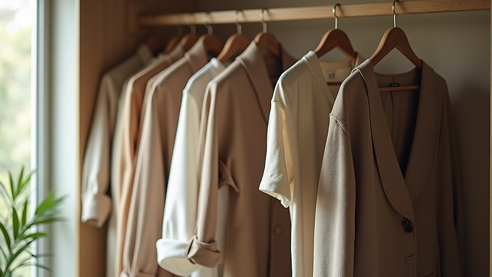 Eye-level view of a minimalist wardrobe with sustainable designer clothes