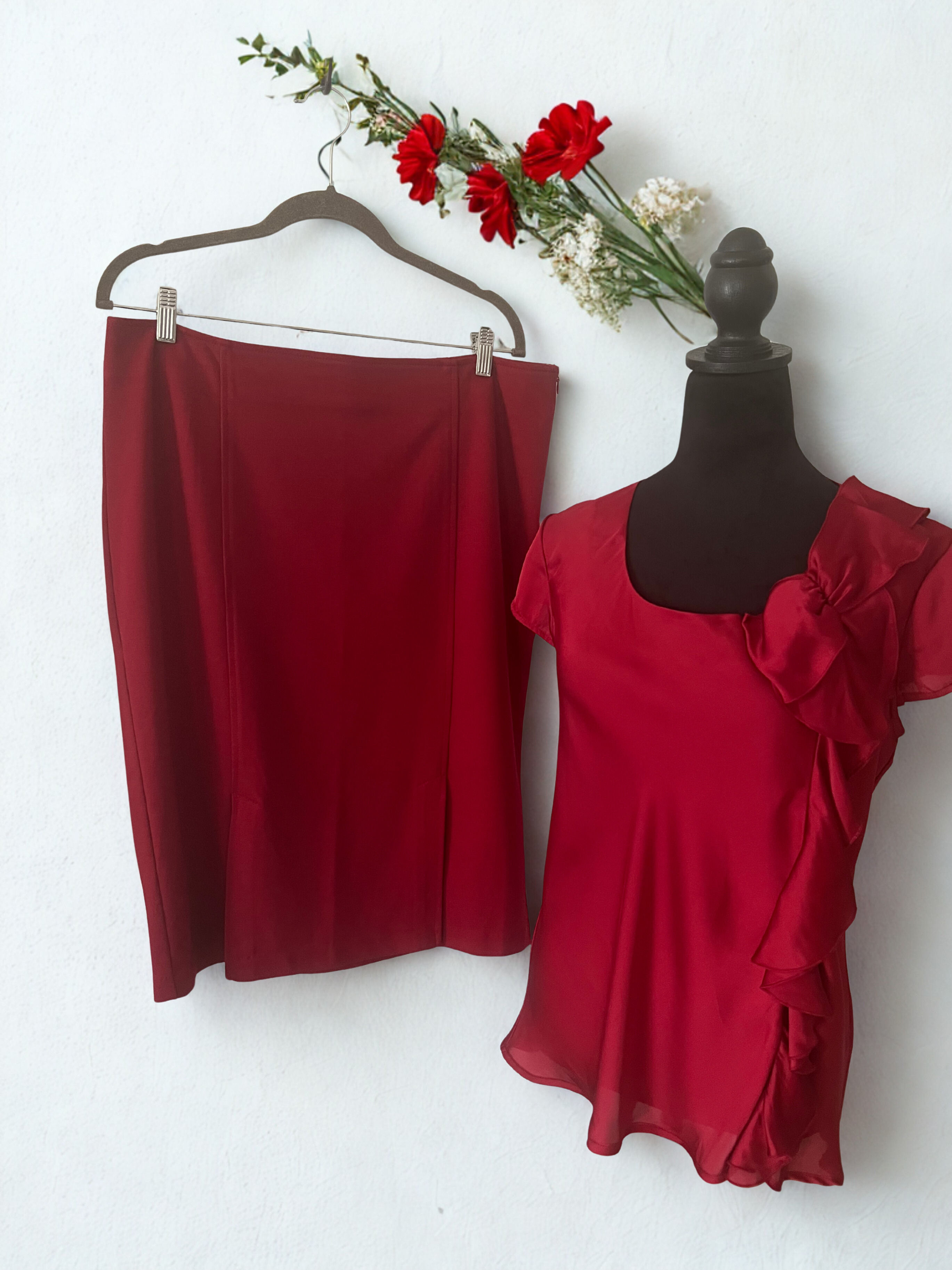 Ruby Red Satin Blouse and Matching Skirt - Never Worn