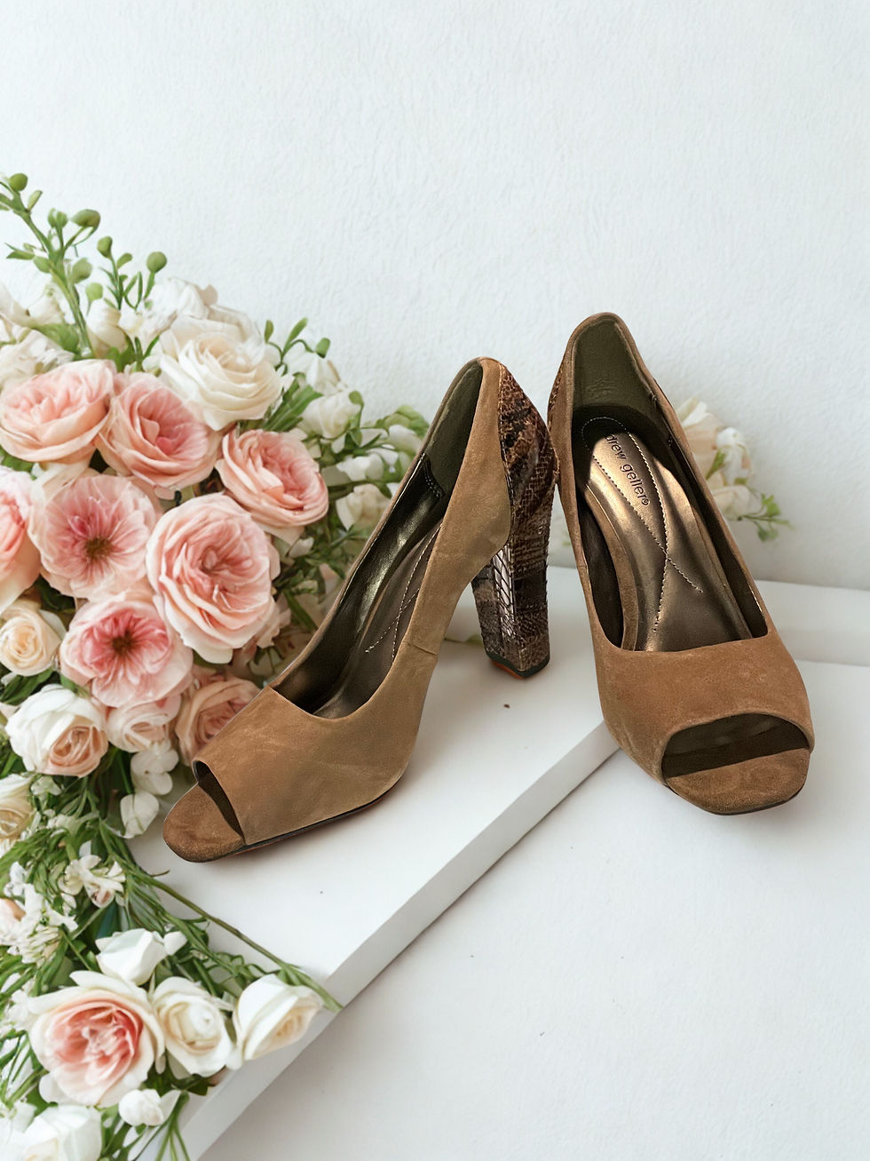 Thumbnail: Brown and Tan Opened Toe Suede Pump 
