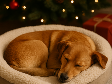 A cozy dog curled up in a warm bed in Virginia Beach 23454, illustrating comfortable holiday pet care and full-time dog sitting services.