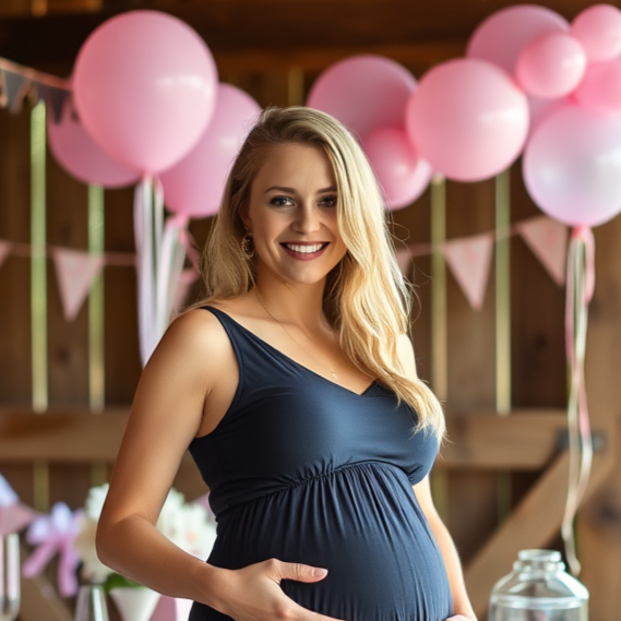 A pregnant white woman in her 20s wearing a dress wile posing by a table in a barn that is
