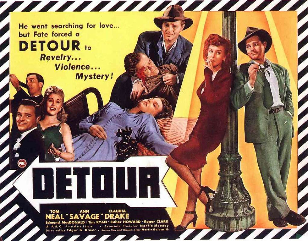 Poster for Edgar G. Ulmer’s “Detour” (1945) with cast members posed around a lamppost and bold yellow lettering promising “Violence … Mystery!”