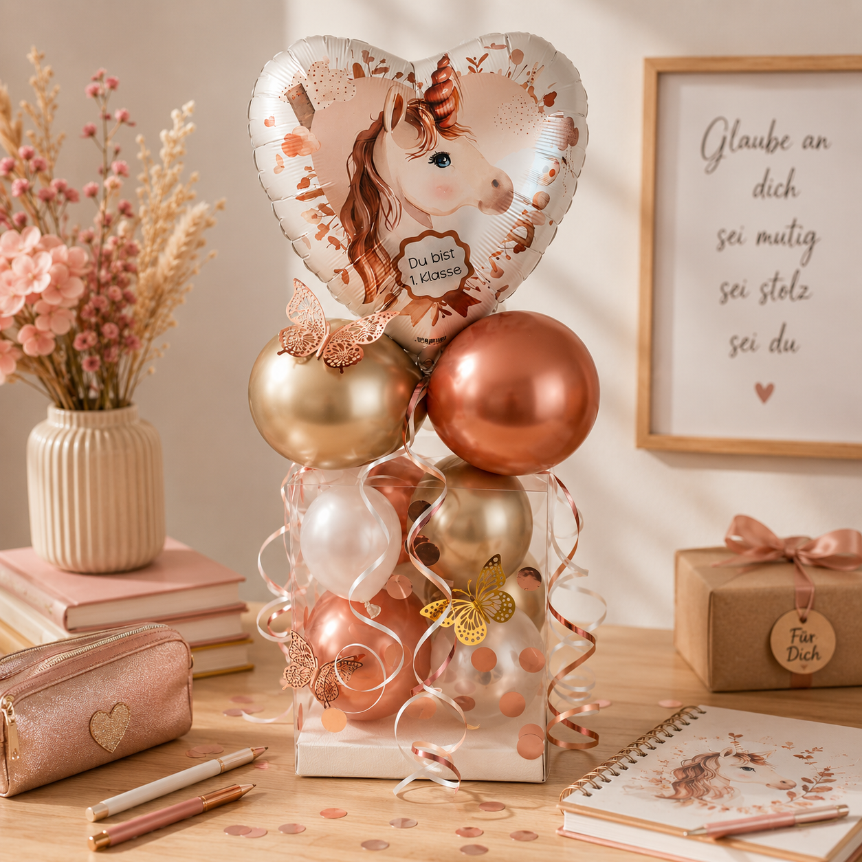 Ballongeschenk "Boho Einhorn" zur Einschulung