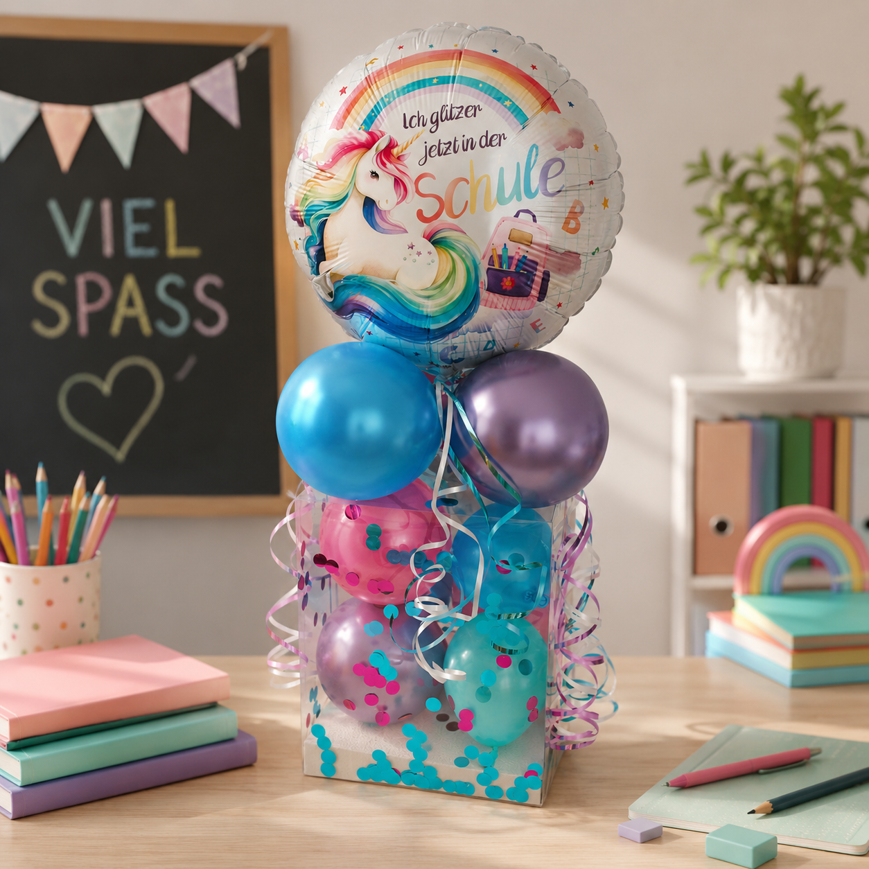 Ballongeschenk "Regenbogen Einhorn" zur Einschulung