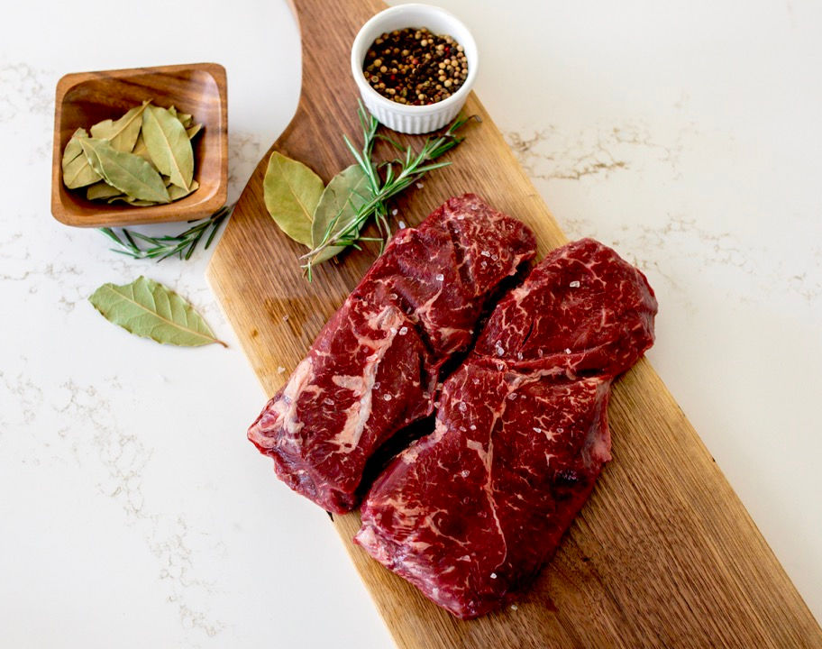 Sirloin tip steak on cutting board at Benner Beef