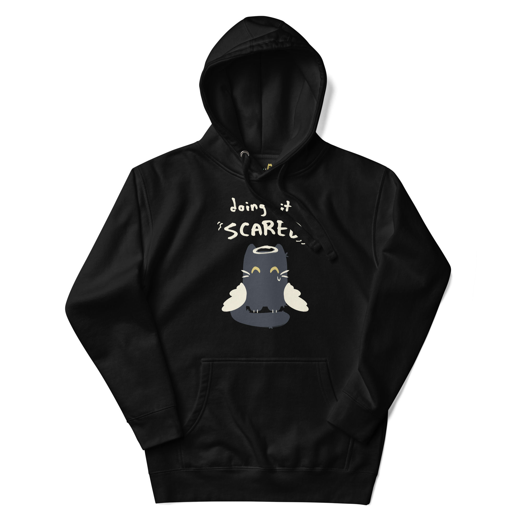 A black hoodie with Maow. They are sitting and facing the viewer with smiling eyes, their tail curled in front of their body. The text "doing it scared" is displayed above them, with "scared" in all caps.