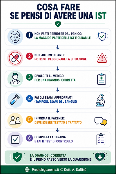 Infografica con il percorso in 6 passi da seguire in caso di sospetta malattia sessualmente trasmessa: dalla calma iniziale alla diagnosi, al trattamento e al coinvolgimento del partner.