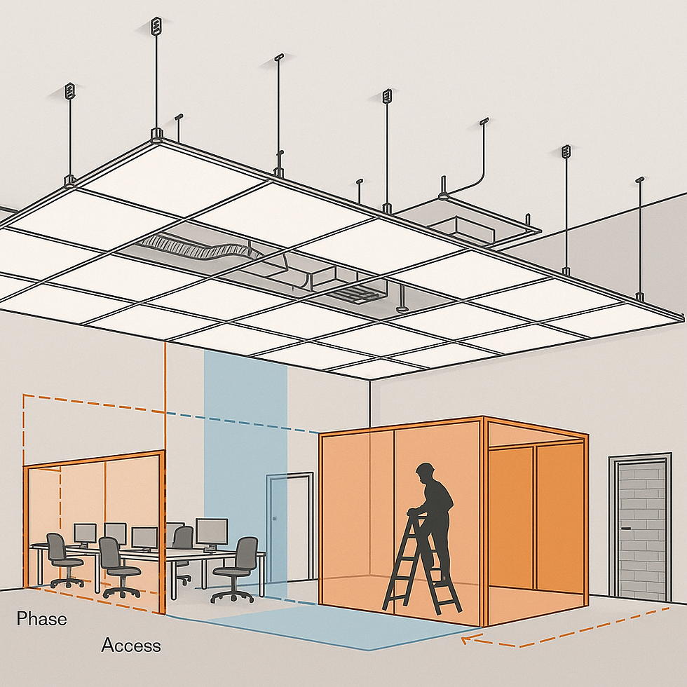 Suspended ceiling and partition works underway in a live commercial office environment with active work zones and ceiling grid installation
