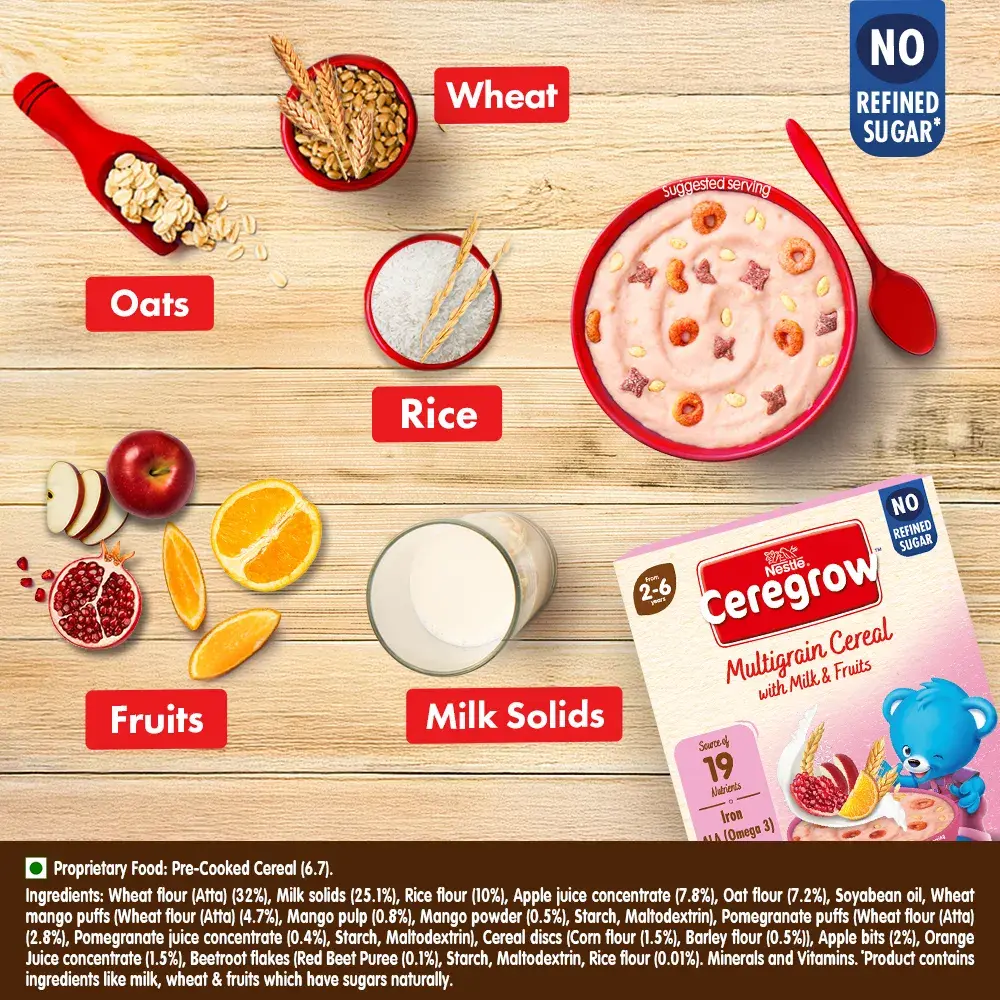 Nestlé Ceregrow Multigrain, Milk & Fruits Cereal | No Refined Sugar | with Iron,