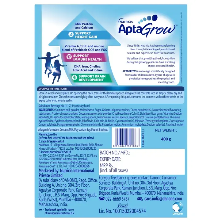 Thumbnail: AptaGrow Milk Drink Powder for Kid s Height Gain, Immunity & Brain Development,