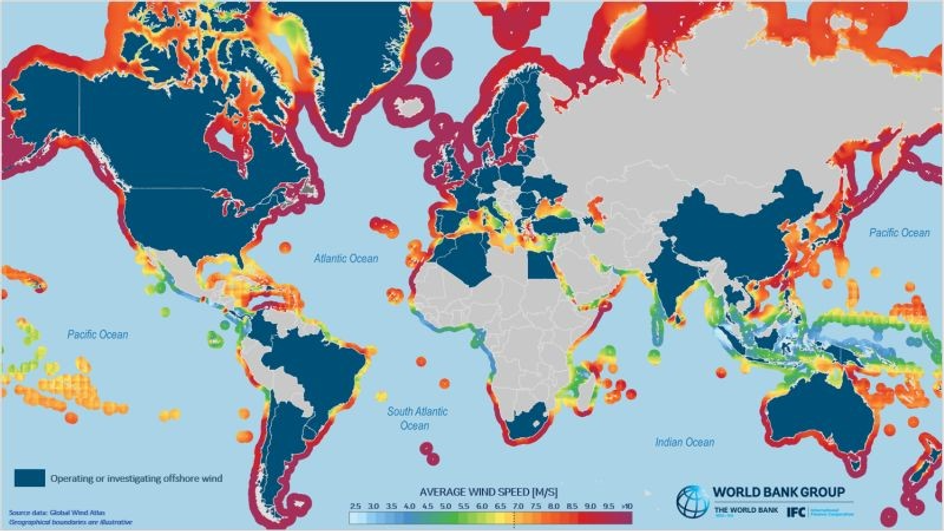 World Bank Group map of wind speeds near coastlines.