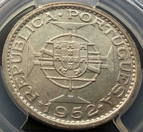 1952年 マカオ（ポルトガル領） 5パタカ銀貨 PCGS認証（未流通） 1952年 ポルトガル領マカオ 5パタカ銀貨 PCGS MS65 高鑑定