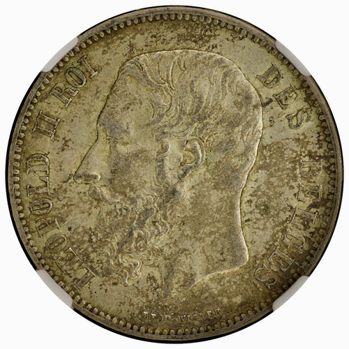 1871年 ベルギー 5フラン銀貨 レオポルド2世 NGC AU 53
