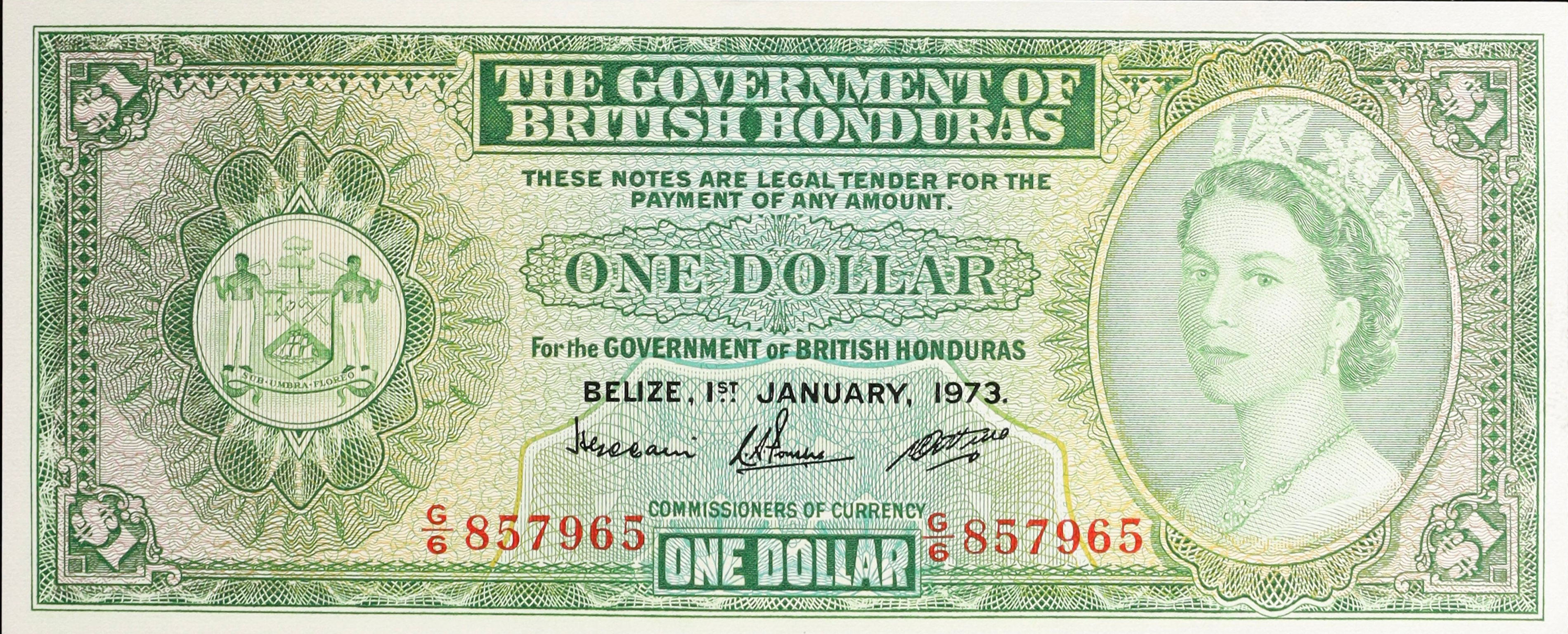 英領ホンジュラス 1ドル紙幣 1973年 エリザベス2世 Pick#33 British Honduras Belize 旧紙幣 Goldsilverjapan