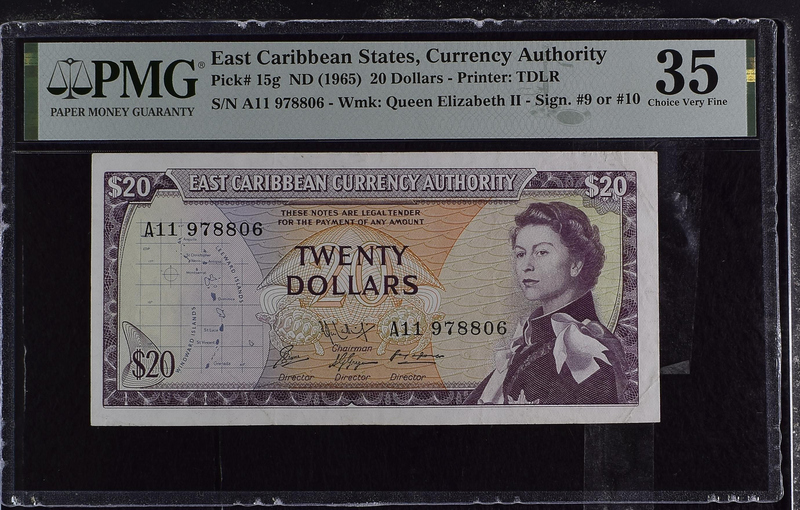1965 Eastern Caribbean Monetary Authority 20 Dollar Banknote, PMG 35 Choice Very Fine Pick #15g, featuring a portrait of Queen Elizabeth II. A rare and highly valued banknote representing the Caribbean region.