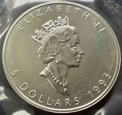 1993年 カナダ 5ドル銀貨 メイプルリーフ 1オンス .9999シルバー