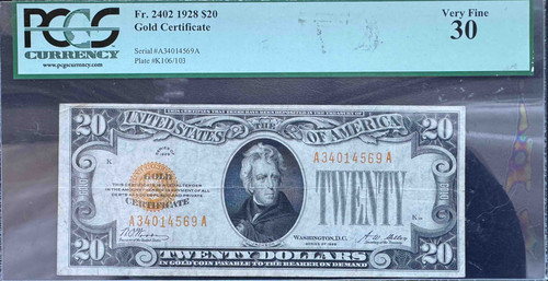1928年 アメリカ 20ドル金兌換証券（ゴールドサーティフィケート