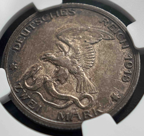 1913年 ドイツ帝国 プロイセン王国2マルク銀貨ナポレオン戦争宣戦布告MS62 1913年 ドイツ帝国 プロイセン王国発行 2マルク銀貨「ナポレオン戦争