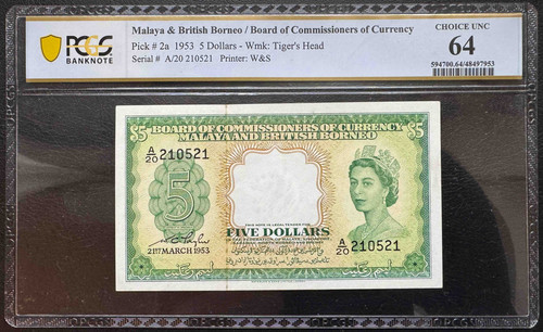 1953年 マラヤ・英領ボルネオ 5ドル紙幣 PCGS 64 CHOICE UNC Malaya