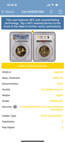 エジプト ゴールデン・ウォリアー 100ポンド金貨 1988年NGC(PF69 ULTRA 