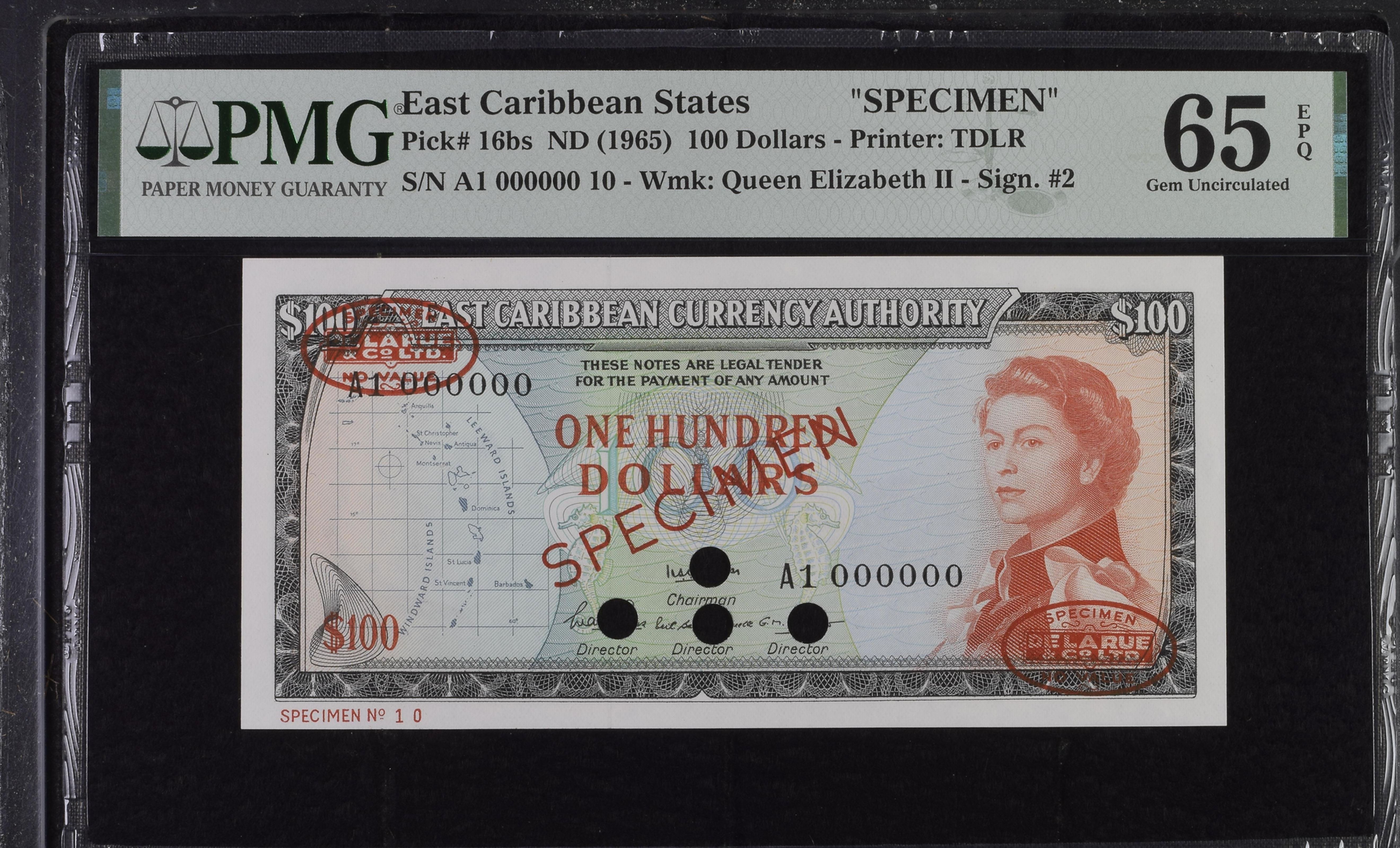 PMG 65 EPQ 東カリブ諸国 100ドル SPECIMEN 1965年 Pick#16bs QEII 最高額紙幣 希少見本券Goldsilverjapan