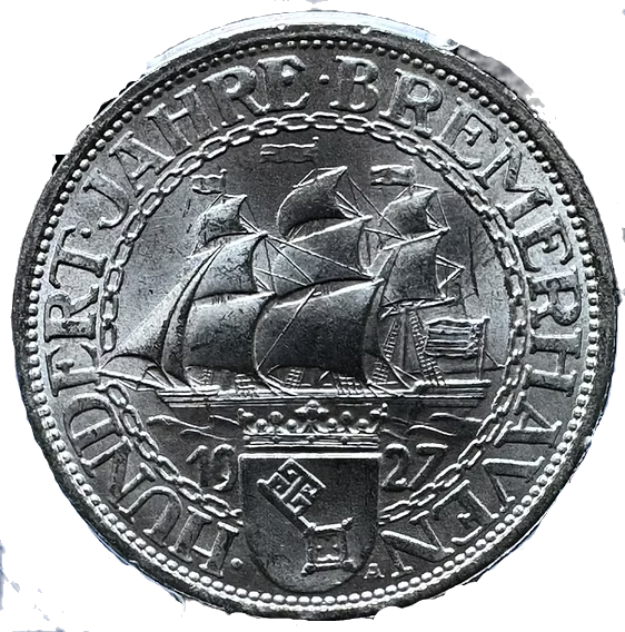 ドイツ 3ライヒスマルク銀貨（1927年）ブレーマーハーフェン建港100