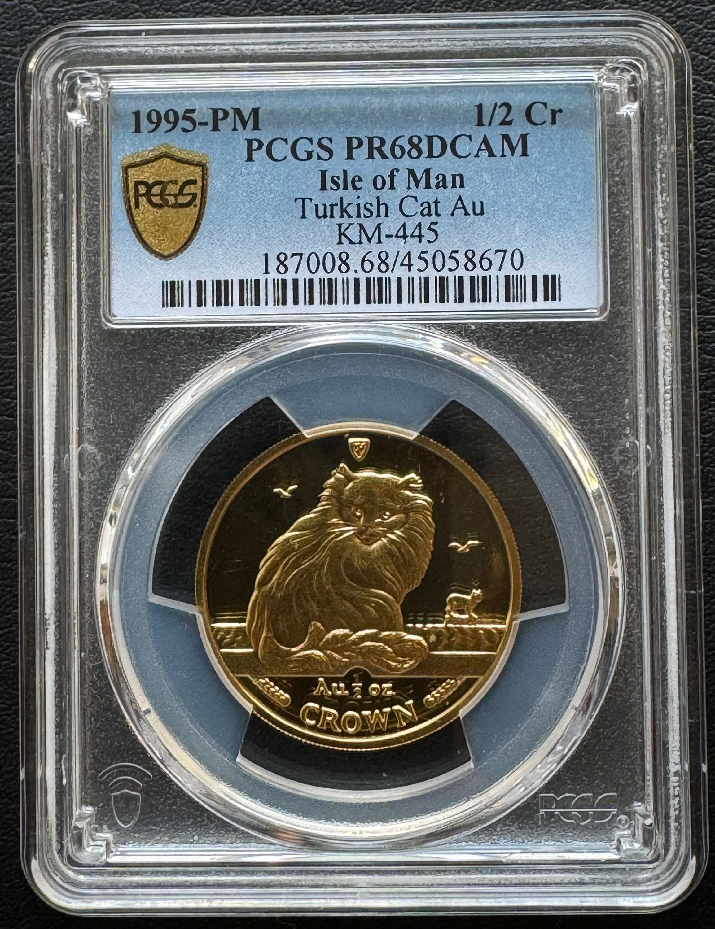 Moneda de oro de 1/2 Corona de 1995, Gato de la Isla de Man, 1/2 oz, Gato Turco PCGS PR68DCAM