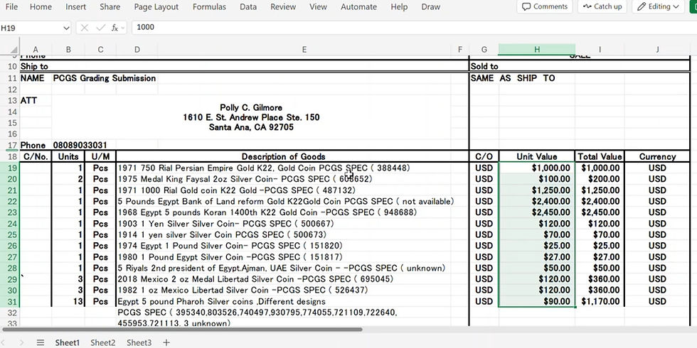 PCGS Coin grading submission custom Invoice