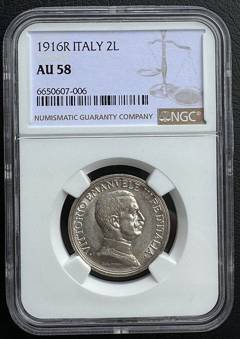 1915年 イタリア 2リラ銀貨 NGC AU55 1916年 イタリア 2リラ銀貨NGC AU58 クアドリガ アンティークコイン