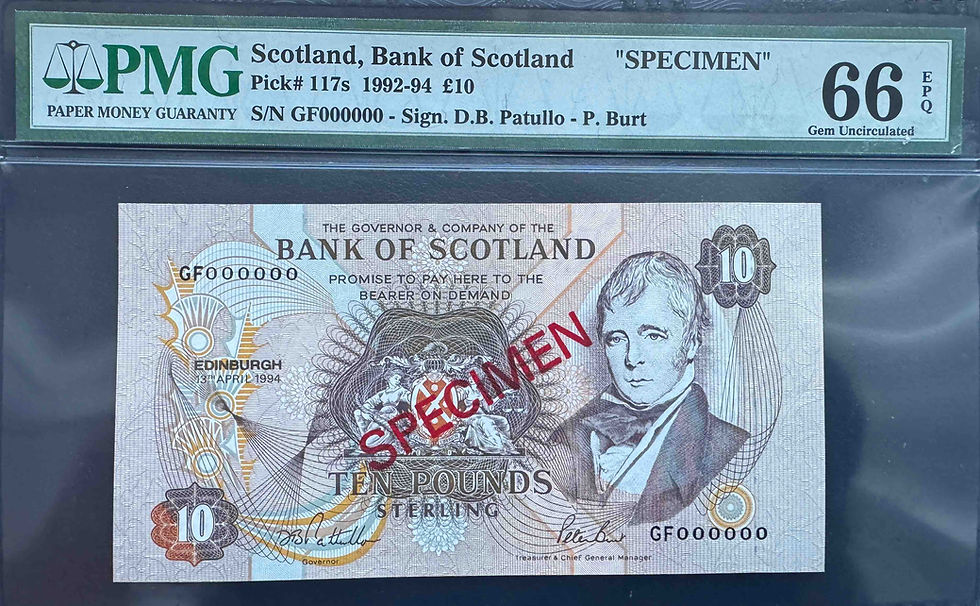 Thumbnail: PMG66 EPQ Bank of Scotland 10 Pound Note SPECIMEN 1992-94 Pick#117s