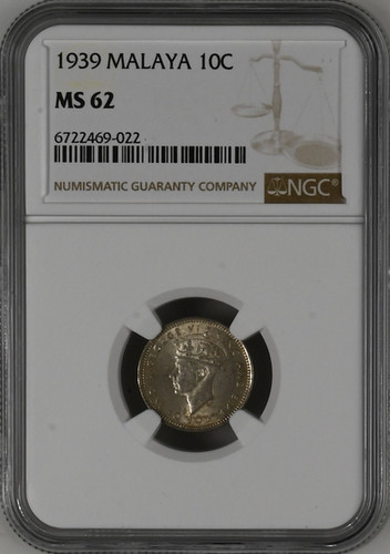 英領マラヤ 10セント銀貨 1939年 Malaya 10 Cents NGC MS62