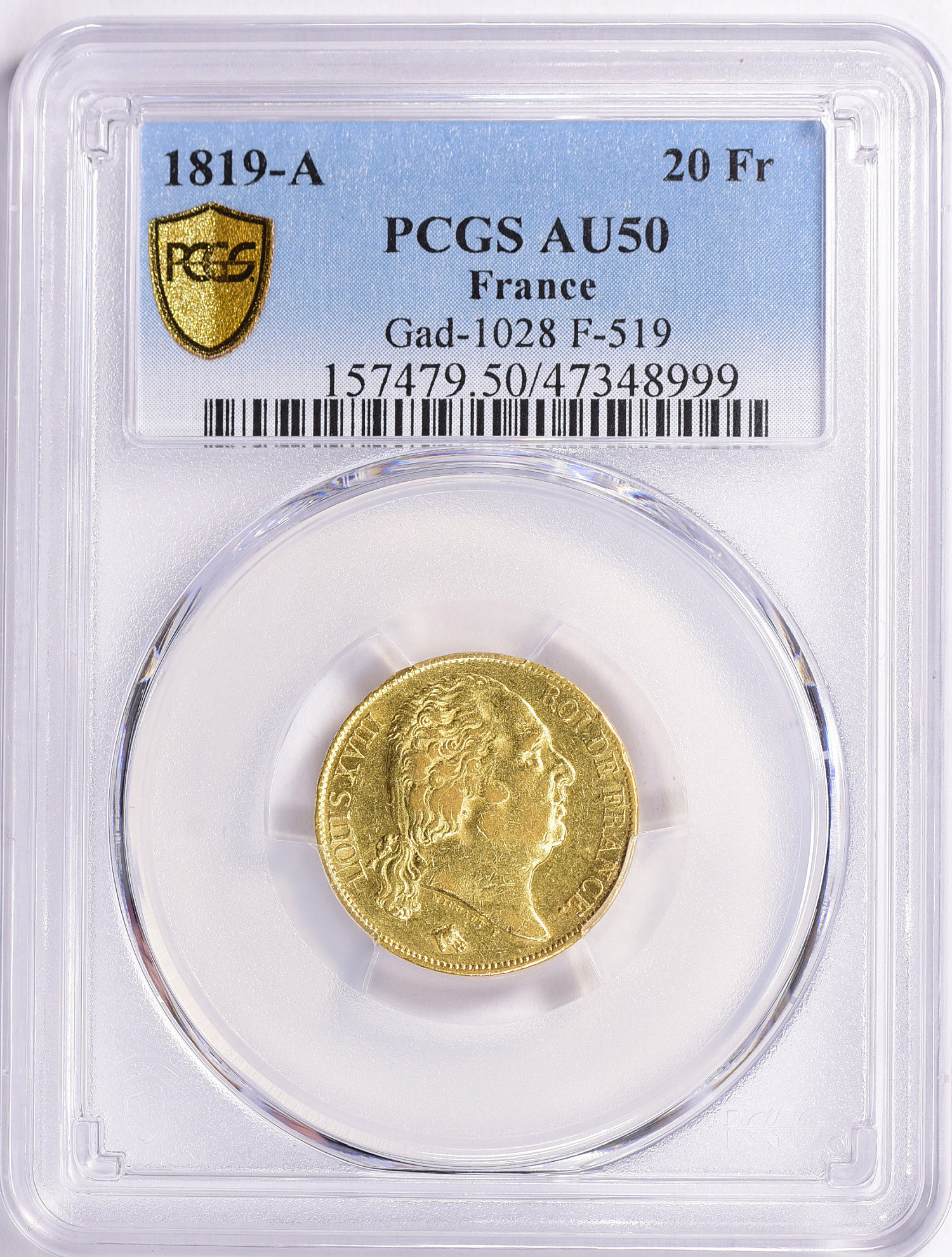 アンティークコイン フランス金貨 ルイ18世 1819-A 20フラン PCGS AU50