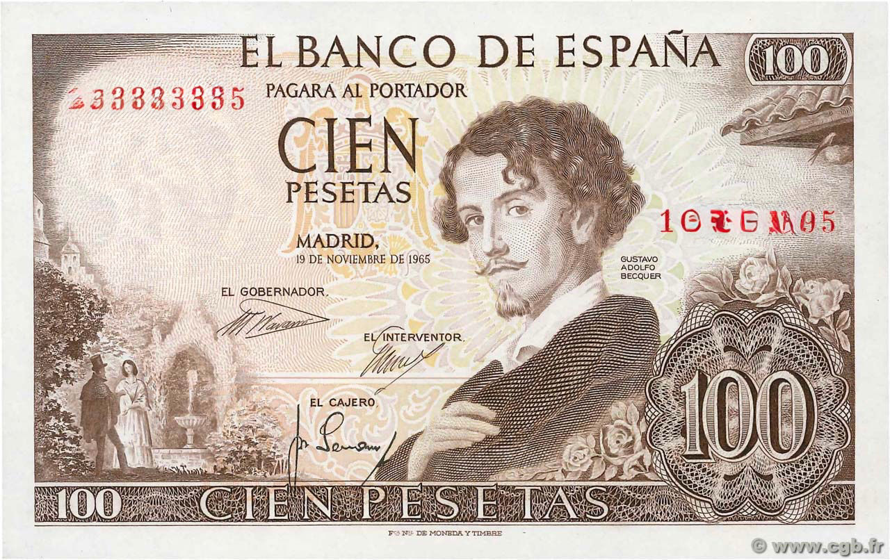 スペイン 100ペセタ紙幣 1965年 グスタボ・アドルフォ・ベッケル|スペイン文学とロマン主義を象徴する歴史的紙幣|GoldSilverJapan