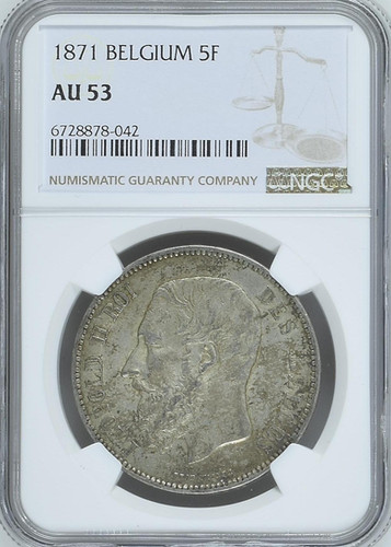 1871年 ベルギー 5フラン銀貨 レオポルド2世 NGC AU 53