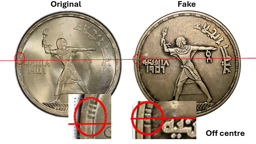 How to Identify a Fake 1956 Egypt 50 Qirsh Silver Coin - Edge – Strike Alignment (Off-Center Issues)