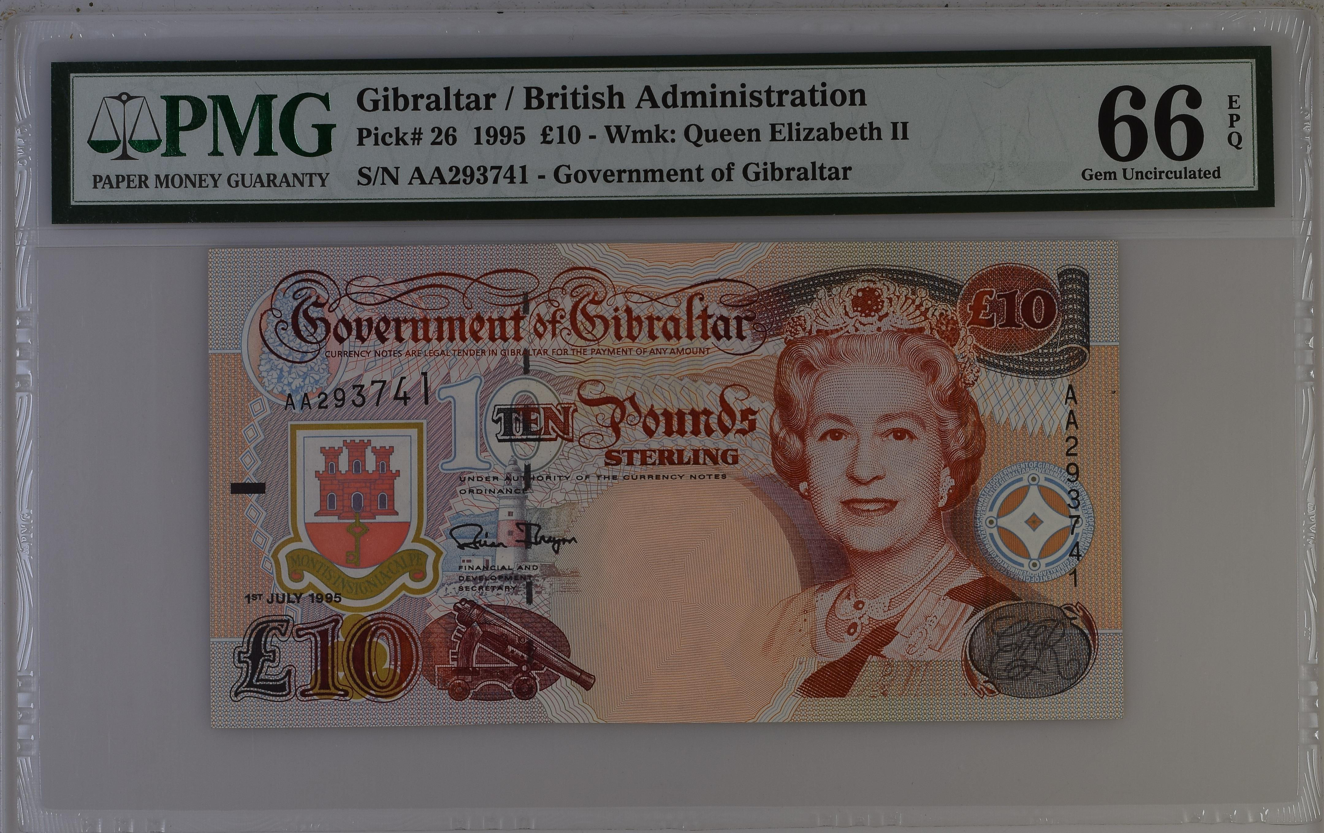 Billete de 10 libras esterlinas emitido por el Gobierno de Gibraltar, número de serie 26, PMG 66 EPQ | 1995. Un billete de gran valor que muestra el retrato de la Reina Isabel II y la historia de Gibraltar.