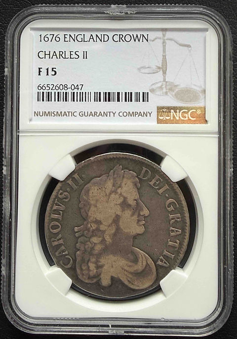 1676年 イングランド クラウン銀貨 チャールズ2世 NGC F15 ― 王政復古