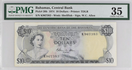 1974年 バハマ中央銀行 10ドル紙幣 PMG 35 Choice Very Fine Pick#38b