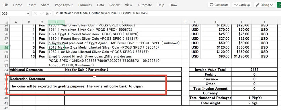 PCGS Coin grading submission custom Invoice