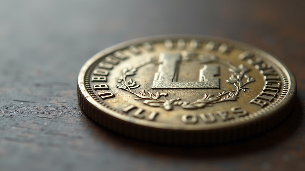 Close-up view of an old coin showing detailed engravings