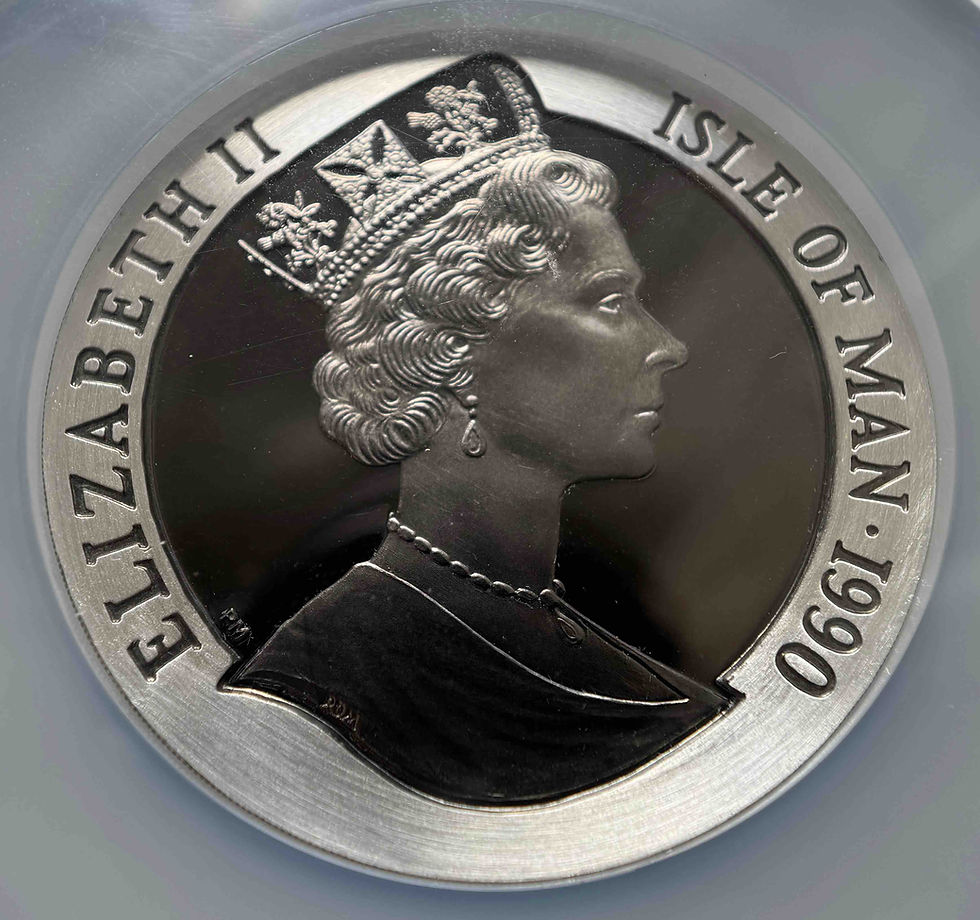 サムネイル： 1990年 アイランド・オブ・マン発行 エリザベス2世 ペニー・ブラック 150周年記念 5クラウン銀貨 プルーフ仕様（シルバー99.9％ / 155.5g /