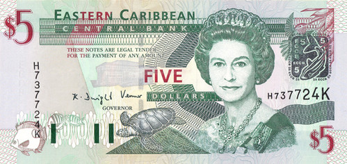 イーストカリビアンドル紙幣と硬貨、328.25ドル分 2003年 5ドル紙幣（5 Eastern Caribbean Dollars）東カリブ中央銀行