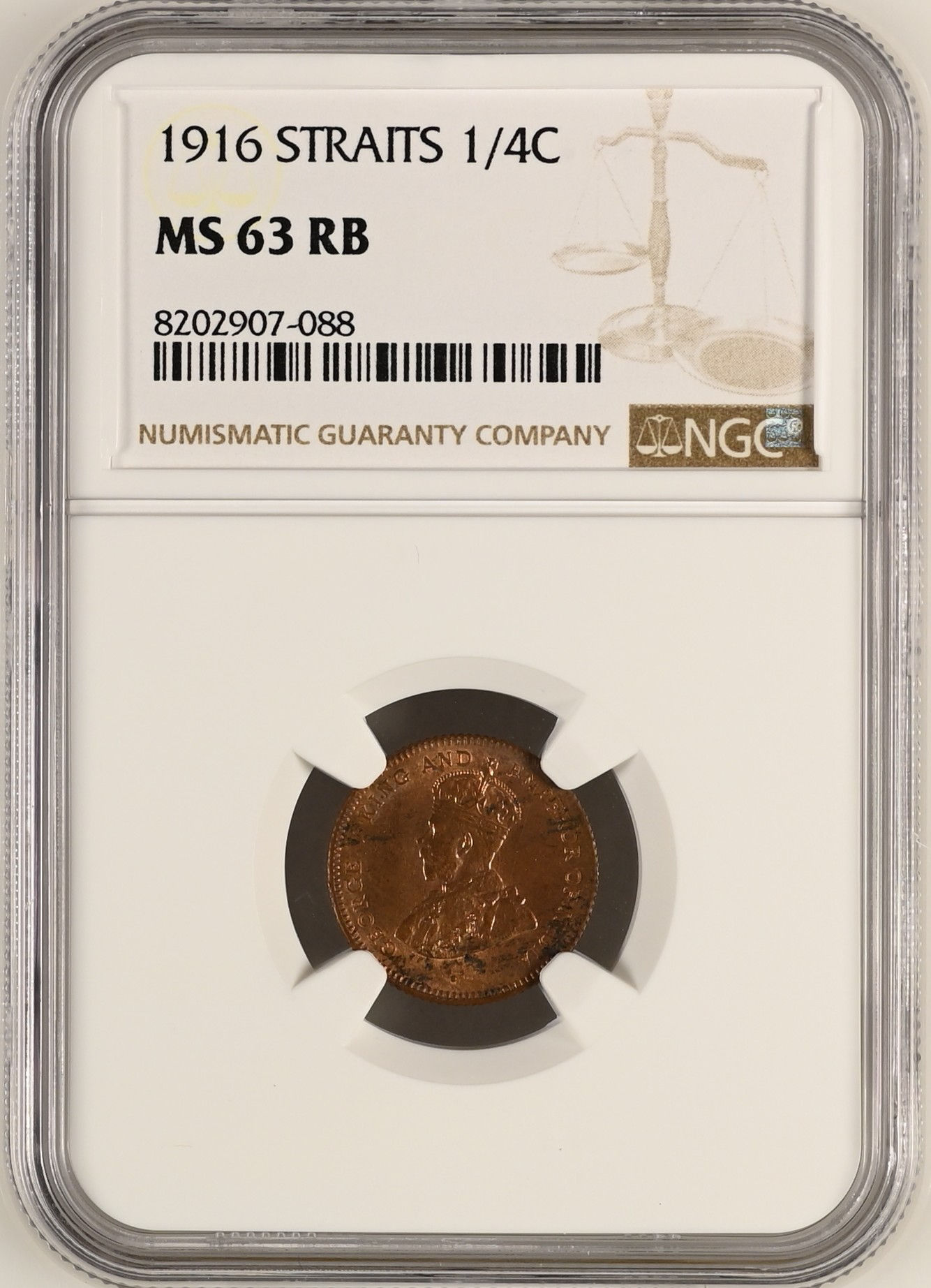 海峡殖民地1/4分铜币,1916年,NGC MS63 RB,Goldsilverjapan