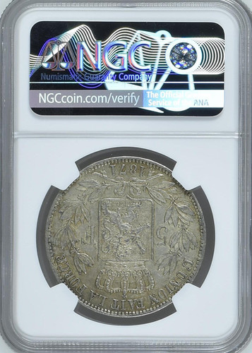 1871年 ベルギー 5フラン銀貨 レオポルド2世 NGC AU 53