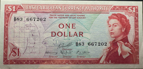 東カリブ諸国通貨機構 1ドル紙幣（East Caribbean Currency Authority