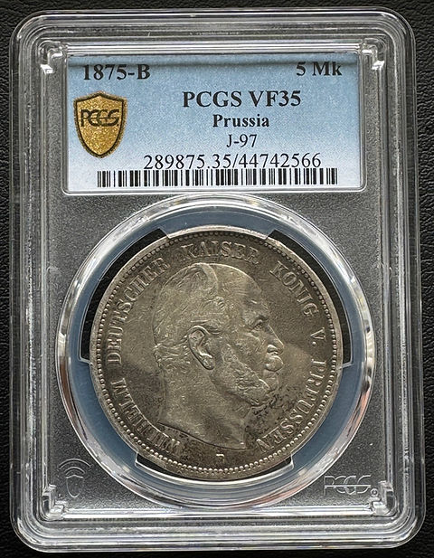 ドイツ 5 マルクプロイセン 1875-B 銀貨 PCGS 認定 VF-35